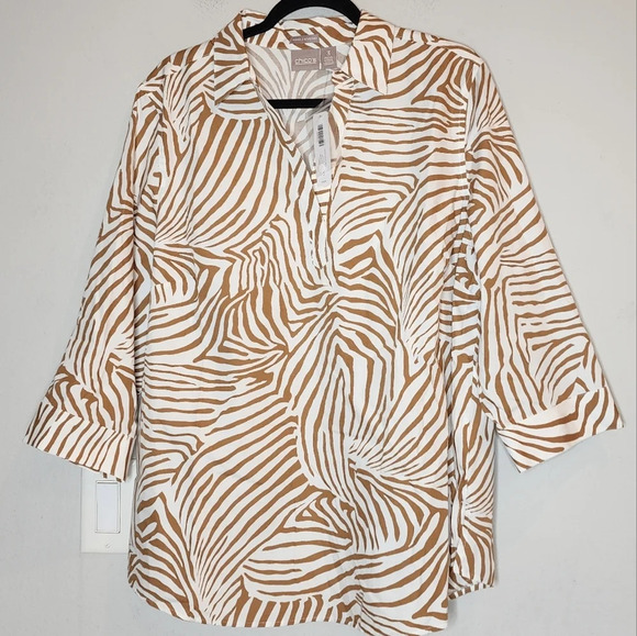 NWT Chico's popover 3/4 sleeve brown zebra cotton shirt. Size 3. XL - Picture 1 of 16